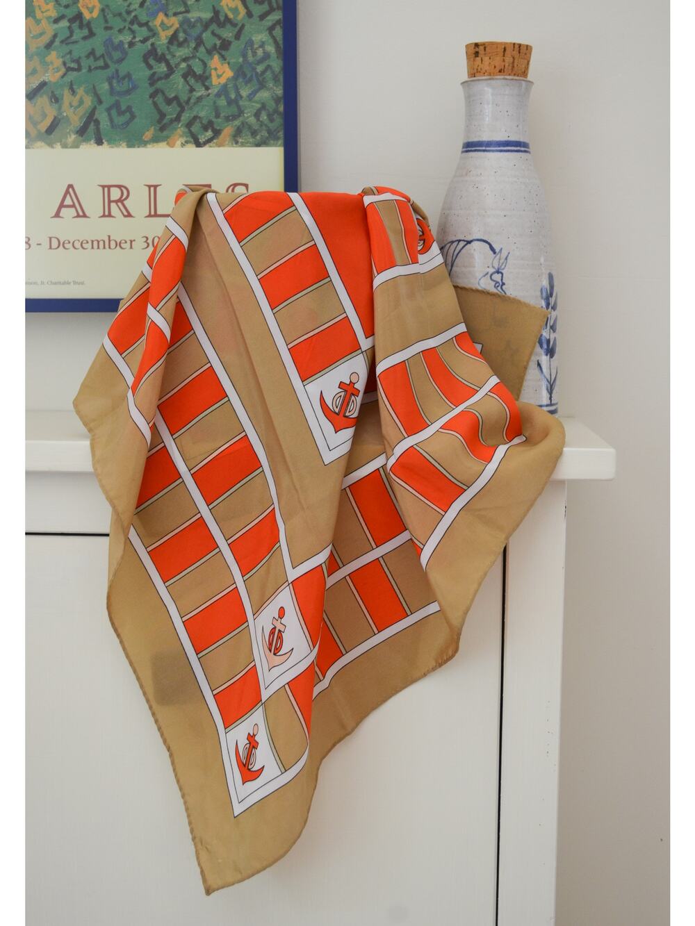 Vintage Orange Tan Nautical Square Scarf 31"